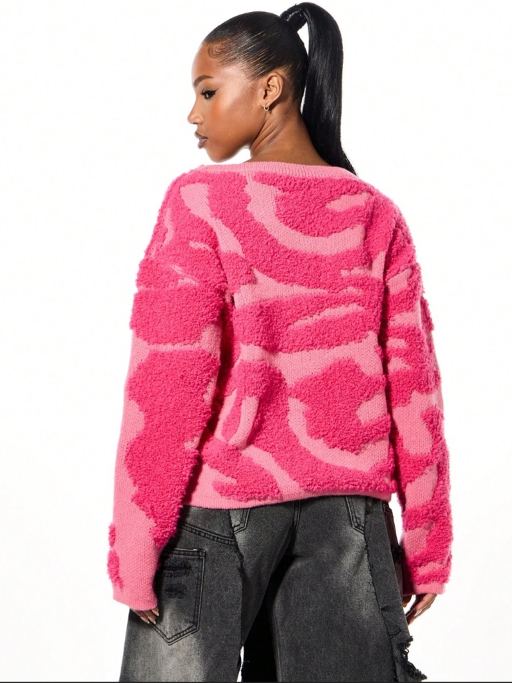 Women's Hot Pink Textured Crewneck Sweater - Picture 2 of 6
